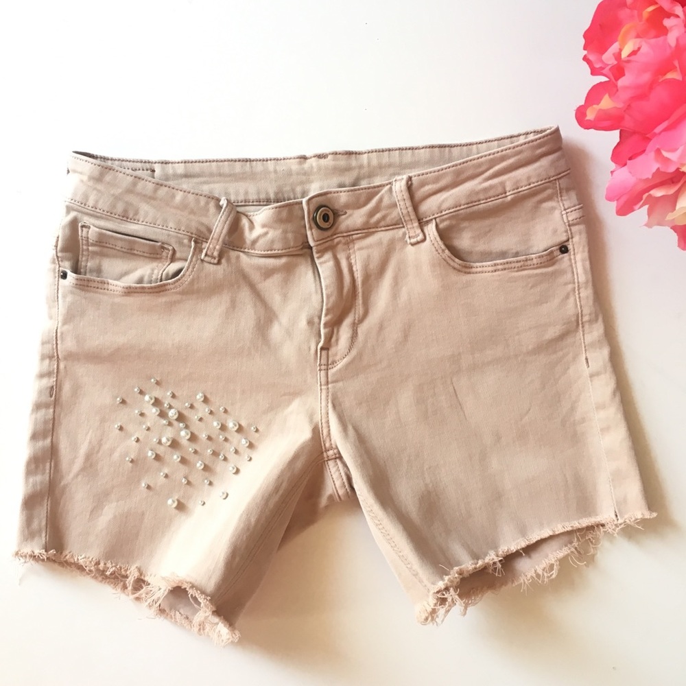 Zara Frayed Pearl Embellished Shorts In Blush 8